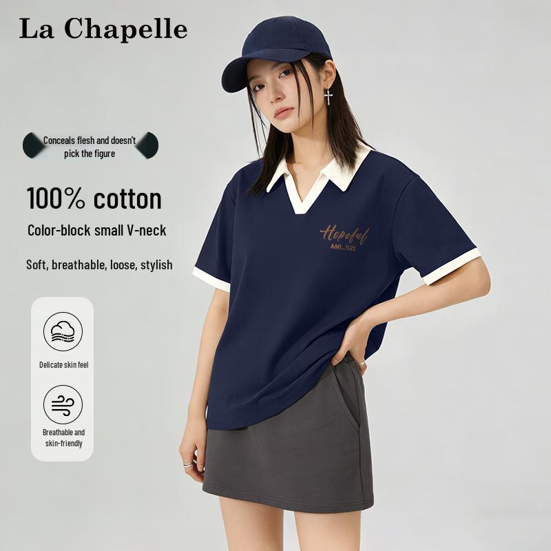 

La Chapelle Women s Color Block Lapel V-Neck T-Shirt S