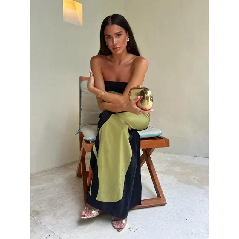 Avokádově zelené kontrastní květinové šaty bez ramínek volné dámské rovné bez zad 2024 dámské ležérní dovolenkové plážové Vestido