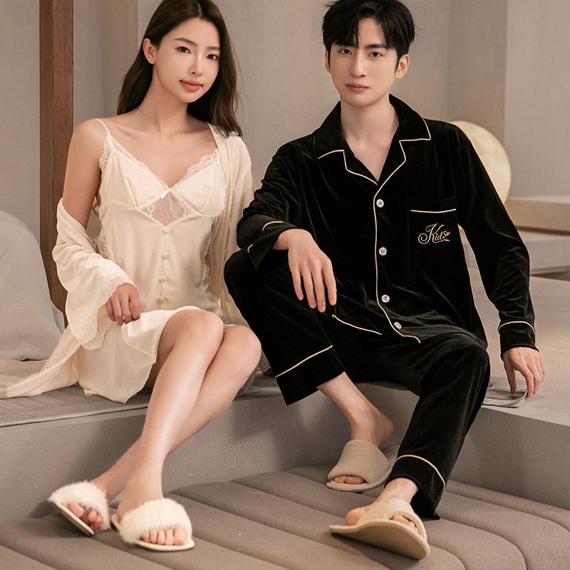 Black golden velvet sexy sex temptation couple pajamas women's 1011 new autumn and winter suspender nightdress nightgown set