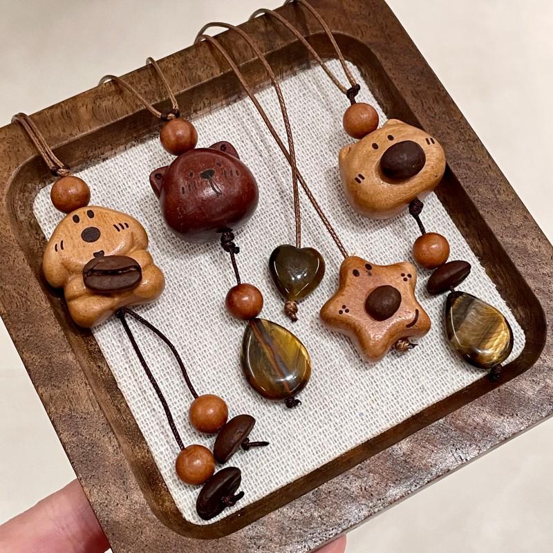 Tiger Eye Wooden Little Bear Dog Necklace: Women's Cute Beaded Sweater Chain for Autumn/Winter.