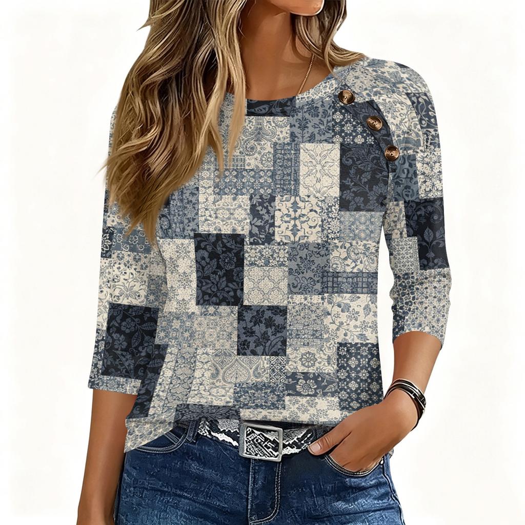 Womens 34 Sleeve Crew Neck Button T Shirt Geometric Pattern Pullover Casual Loose Fit Top for Daily Wear