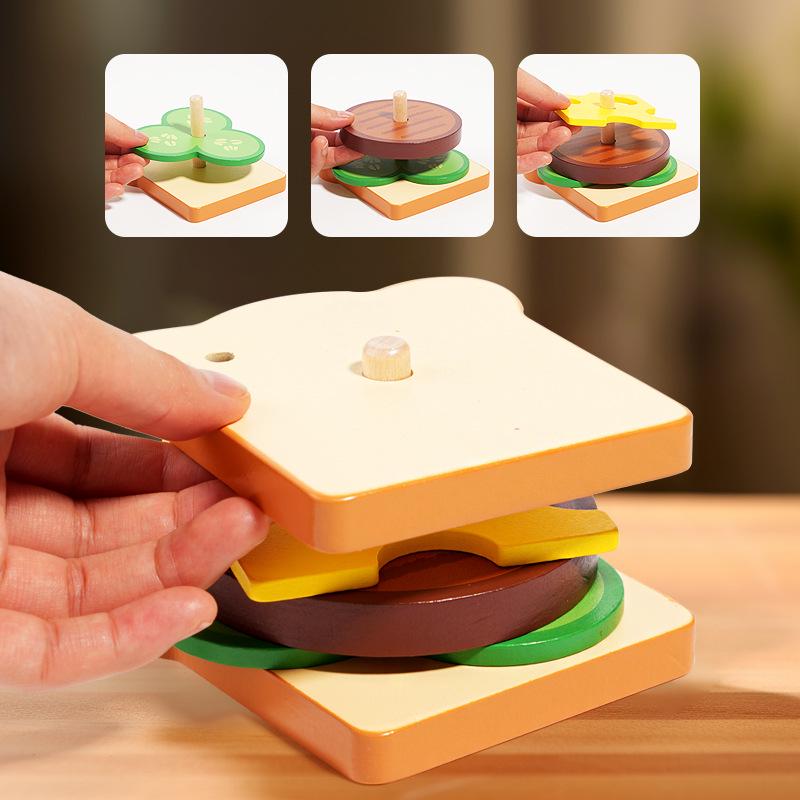 Children's Wooden Hamburger & Sandwich Assembly Toy Set