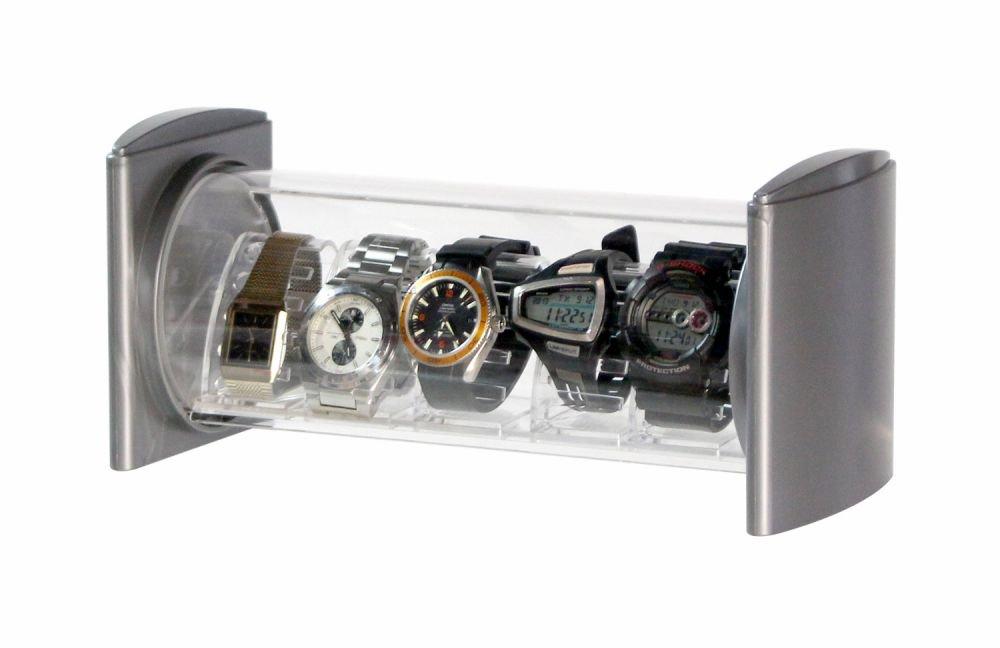 Shinkohanger Watch Stack Silver Display Made in Horizontal Watch Stand with Adjustable Positioning and Holds 5 Luxury Transparent Display Box Case,