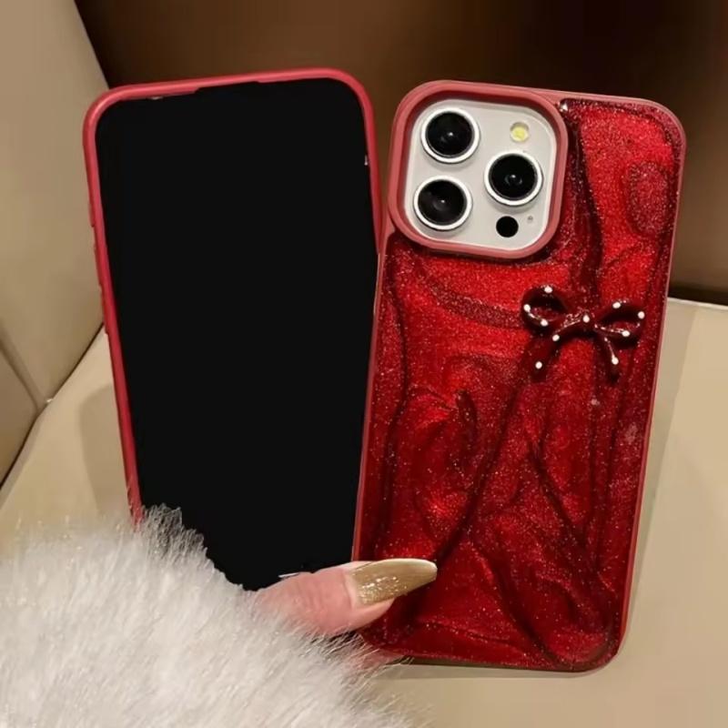 Luxury Shiny Polka Dot Bowknot Solid Color Phone Case For iPhone 16 15 14 13 12 Pro Max 11 Fashion Shockproof Protective Cover