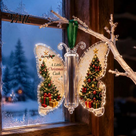 Acrylic Hanging Money Capsule Christmas Holder Ornament, Cash Decor with Vintage Tree Decoration Slot Butterfly Print, Holiday Party Supplies