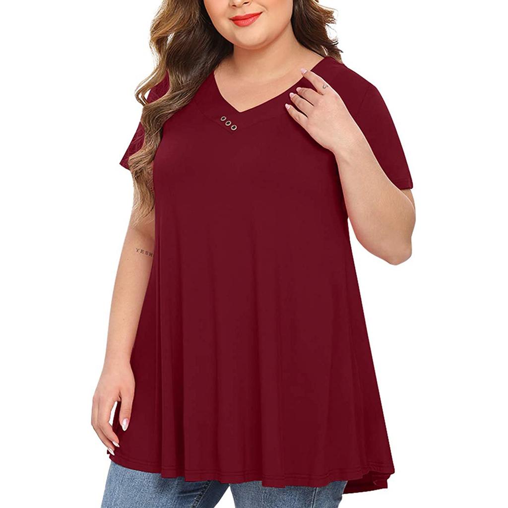 Large Size Women V-neck Button Short-Sleeved Color Loose Pullover T-shirt