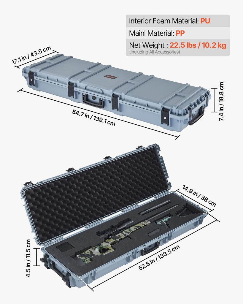 Hard Rifle Case, Lockable Rifle Case with Pre-cut Foams, 1320 mm Gun Storage with Wheels, Heavy Duty IP67 Waterproof & Dustproof Pistol Storage Cases