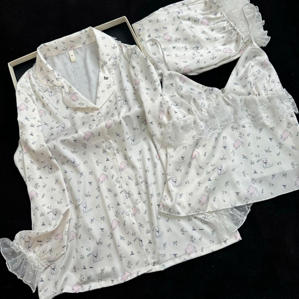 2026 Women's Ice Silk Floral Pajama Set: Long Sleeve Top, Long Pants, Lace Camisole with Bra Pads
