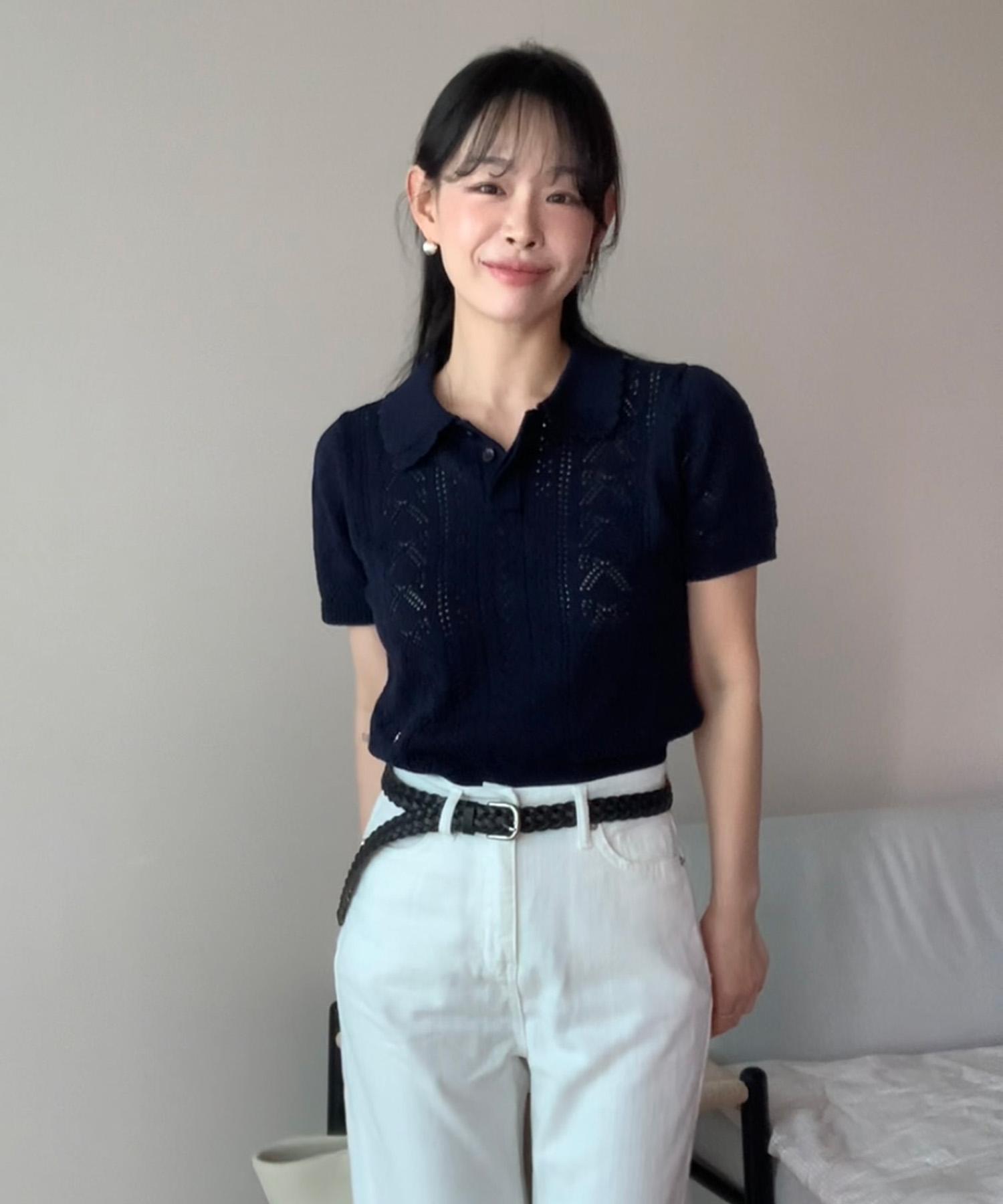 Daisy Crochet Short Sleeve Knit Nv Nv (Navy) / 90