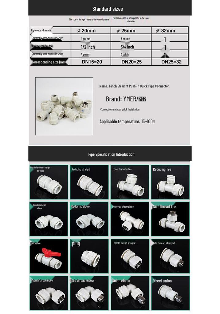 1-Inch PPR Quick Connect Straight Pipe Fitting for PVC and Aluminum-Plastic Pipes