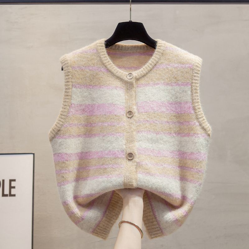 Striped Round Neck Knitted Vest for Women Autumn and Winter Loose Outer Knitted Vest Sweater
