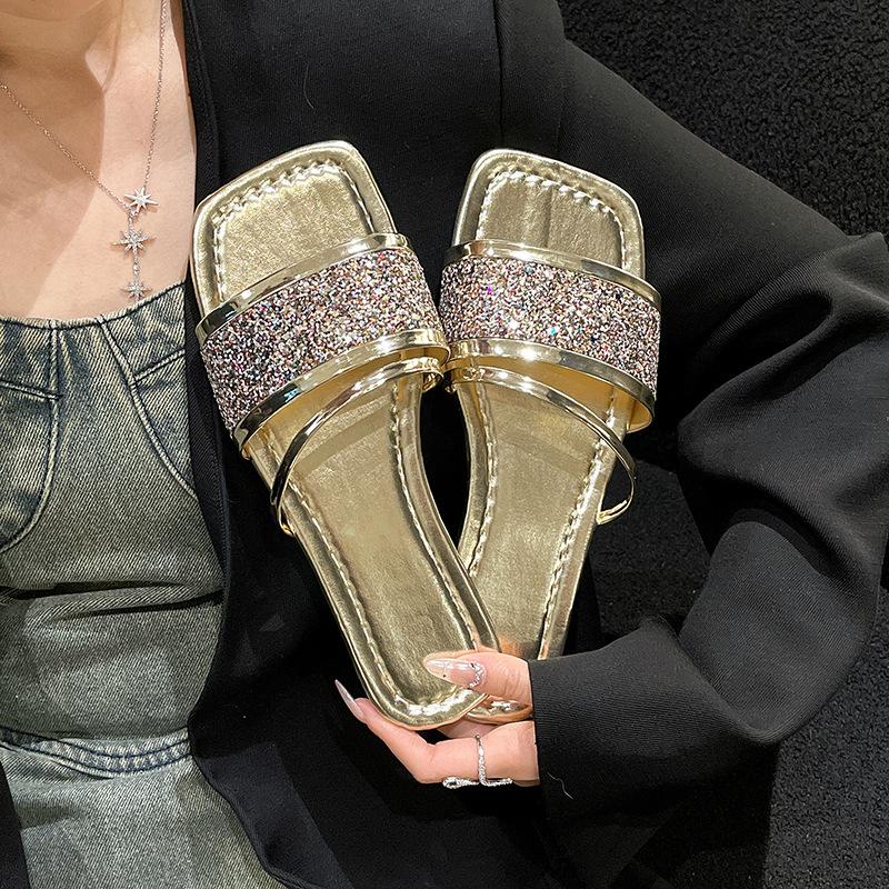 

Office slippers women s outer wear spring and summer 2025 new transparent rhinestone soft bottom one-word French small sandals tide 35