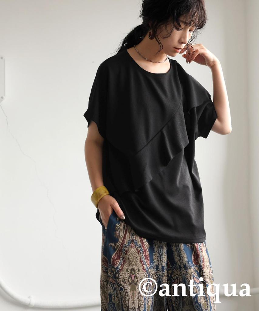 Antiqua Women's Ruffled Top, Short Sleeve, Solid Color, AJ-01785 F 05, Black