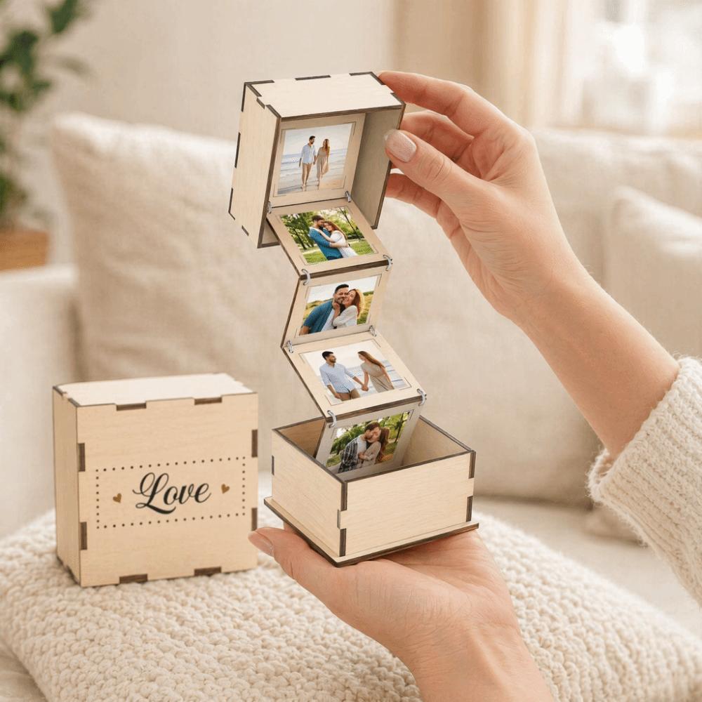 Folding Wooden Photo Storage Box Vintage Flip Cover Memory Box Practical Photo Album Box Couple