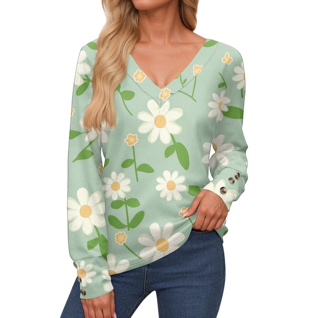 Dame Topper Langermet Mansjetter Knappelukket Skjorte V-hals Casual Løs T-skjorte Blomstrete Topper