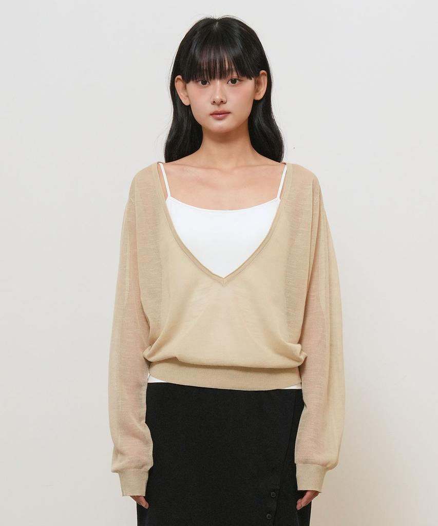 GENERALIDEA Deep V-Neck See-Through Knit Pullover [Sand] / Gf2Lkp544