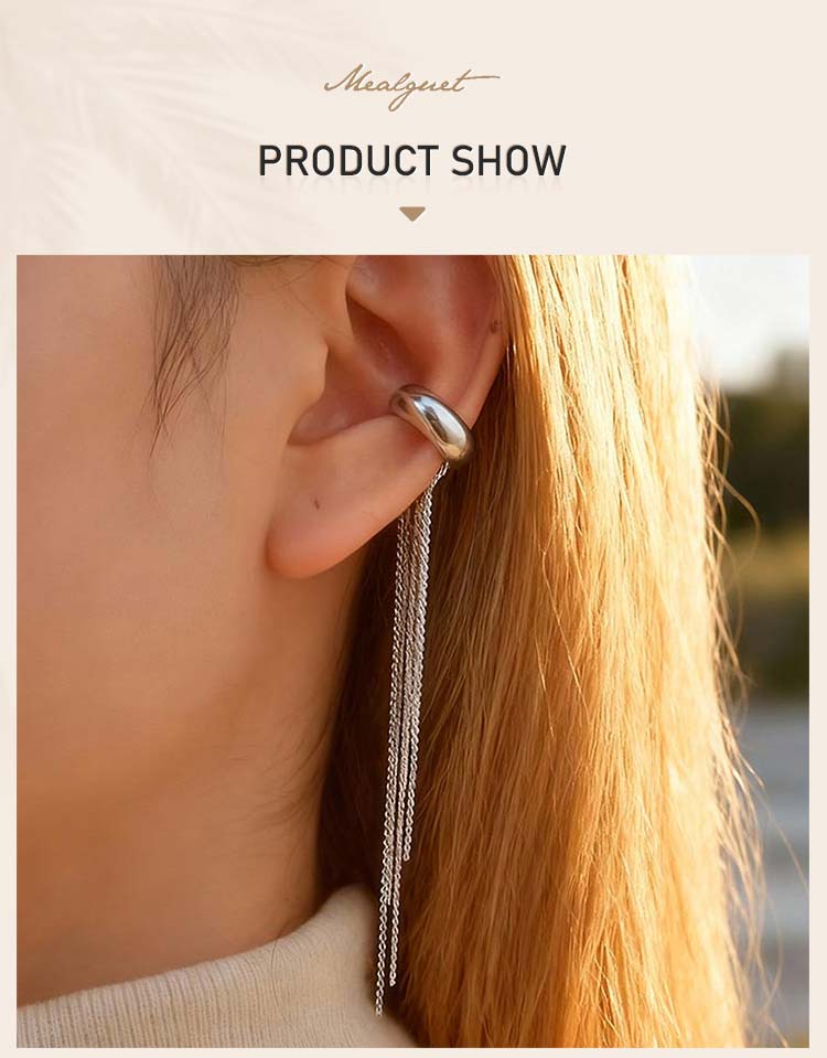 Tassel Ear Cuff Non Piercing Gold Color Long Chain Earrings for Women, Stainless Steel Clip On Ear Wrap Nickel-free