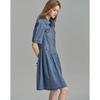 Demana Women's Lapel Puff Sleeve Pleated Denim Dress