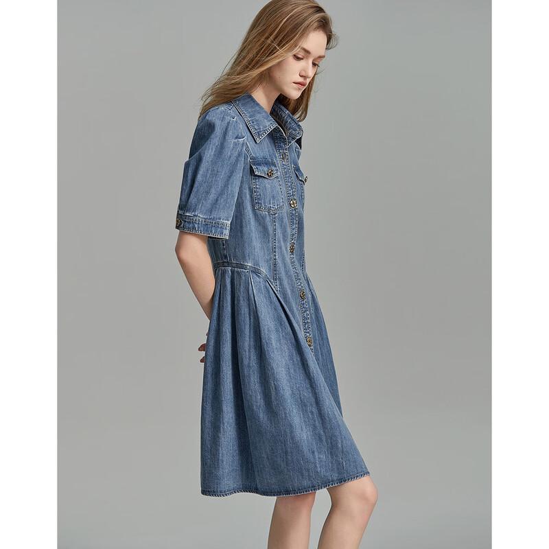 Demana Women's Lapel Puff Sleeve Pleated Denim Dress