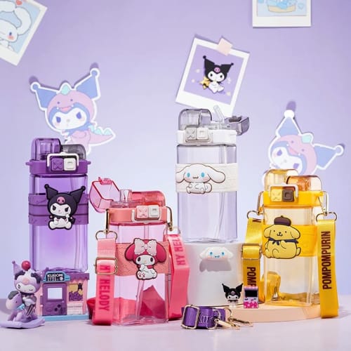 Kuromi, Cinnamoroll, Pochacco, Pompompurin, and My Melody Water Bottles with Straws, Clear Bottles, Leak-Proof, Transparent, Kids' Water Bottles, Mug