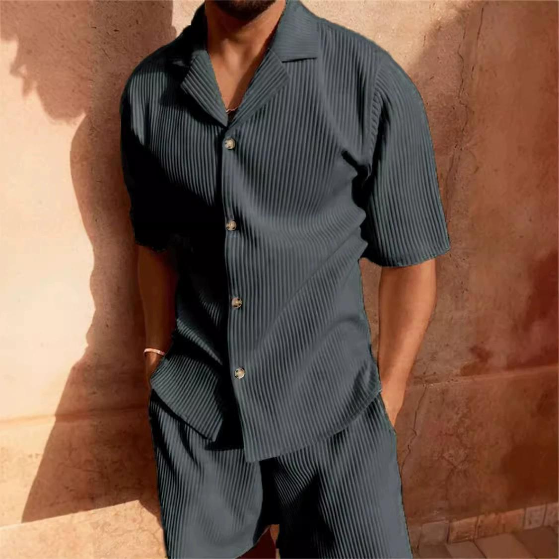 

Вельветовый повседневный костюм с шортами и лацканами, спортивный мужской однотонный костюм с футболкой и шортами для бега и тренировок XS серый