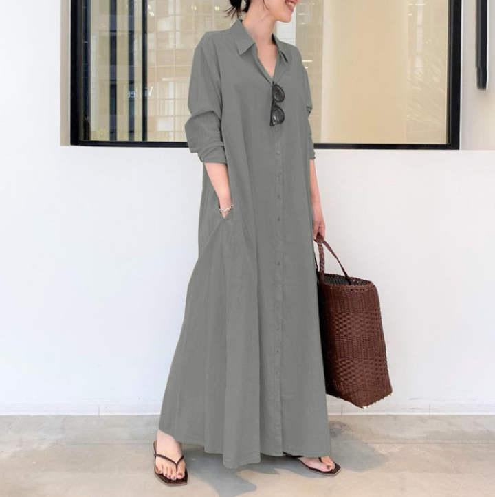 Women Cotton Linen Shirt Maxi Dress Turn-down Collar Long Sleeve Side Pocket Oversized Loose Solid Color Casual Long Shirt Dress For Daily Commute
