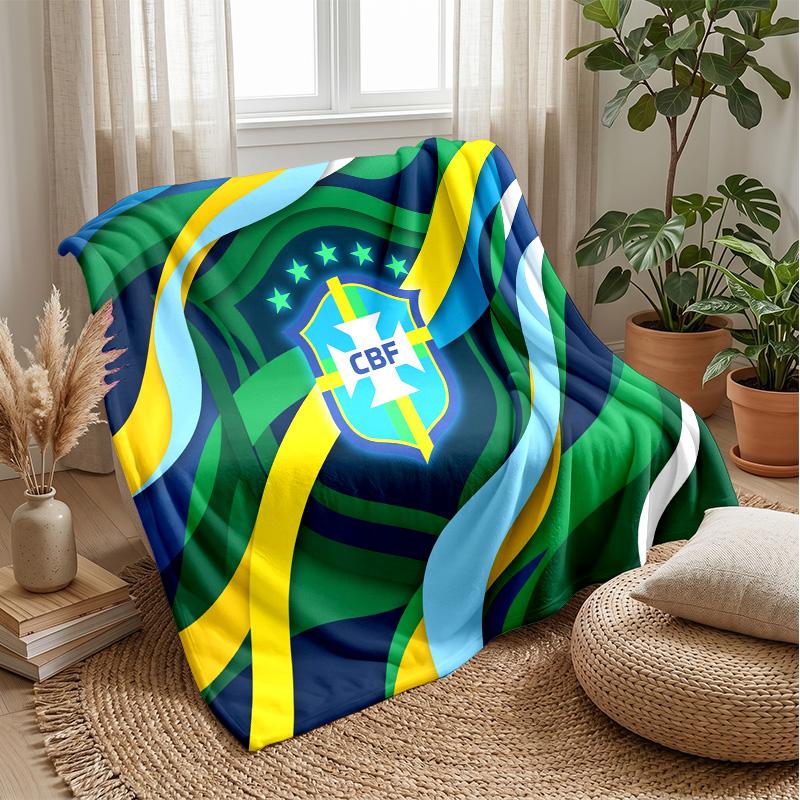 Brazil Football Printed Flannel Blanket Skin Friendly Warm Decorative Throw for Indoor Couch Bed Daily Use