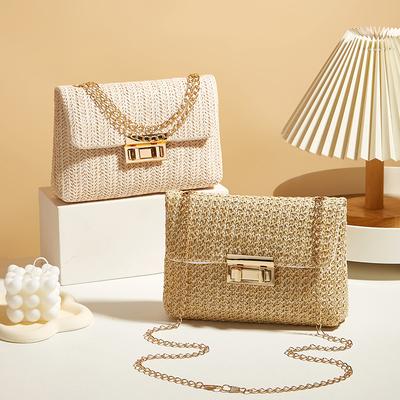 Elegante Borsa a Tracolla da Donna in Paglia con Tracolla a Catena per l'Estate, la Spiaggia e Outfits Giorno-Notte