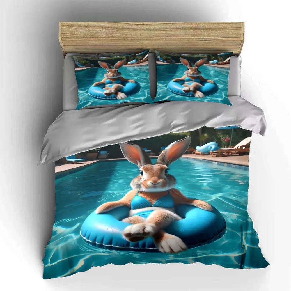 Swimming Pool Fun Rabbit Set Soft Comfortable Duvet Cover Bedding Set Included 1*Duvet Cover & 2*Pillowcases Gift
