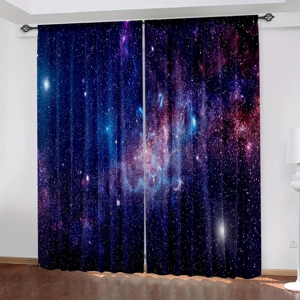 Galaxy Shining Stars Drapes Rod Pocket Outer Space Starry Sky Star Printed Drapes Window Drapes For Living Area Kitchen