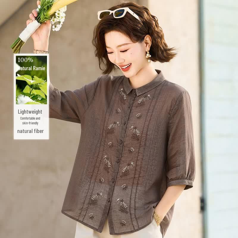 KAVON Women s Embroidered Ramie Seven-Sleeve Shirt 3XL кофейный