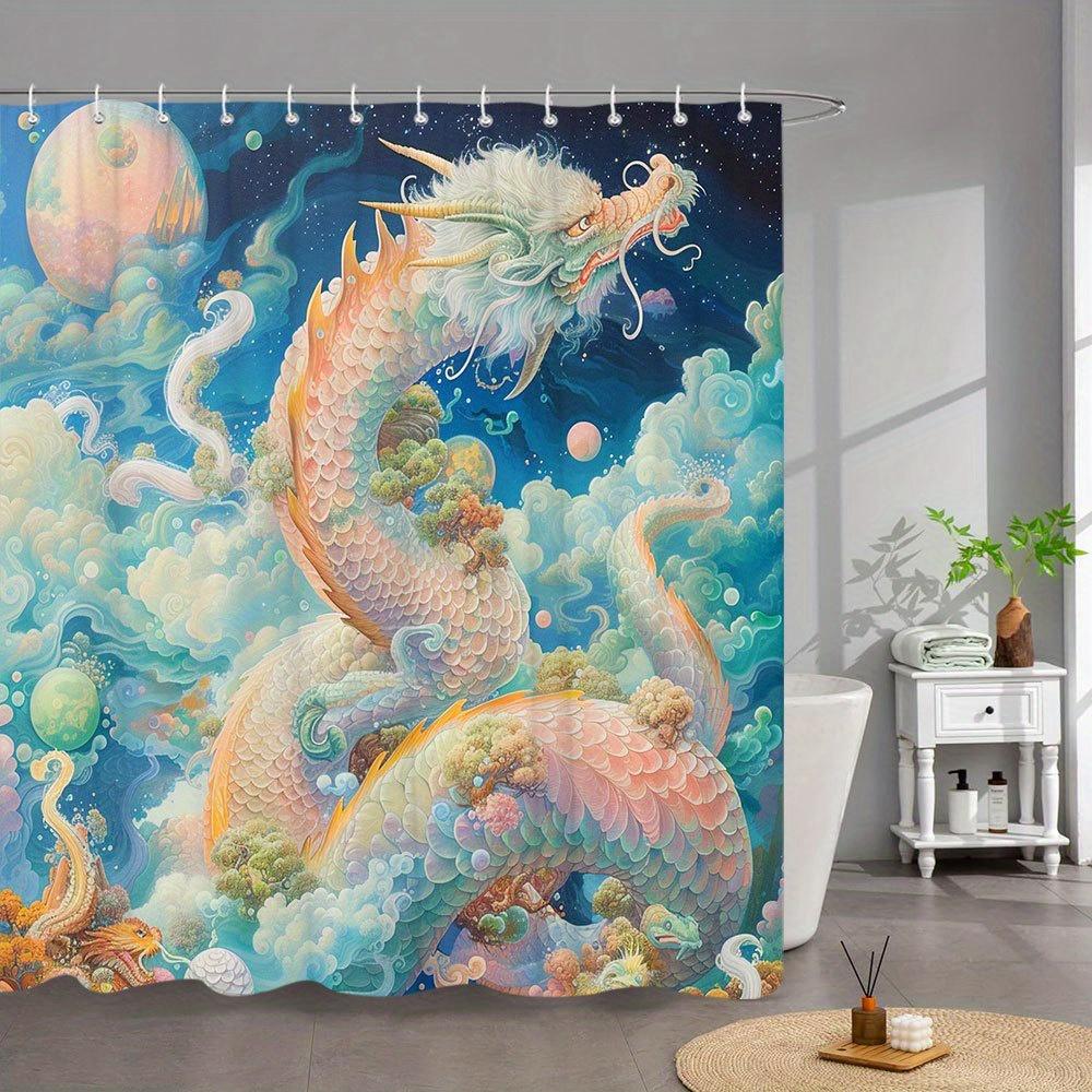 

1pc Cosmic Dragon Bath Curtain - Vibrant Fantasy Art Design with Pink, Green & Golden Scales, Starry Night Sky & Celestial Eleme 90x180cm