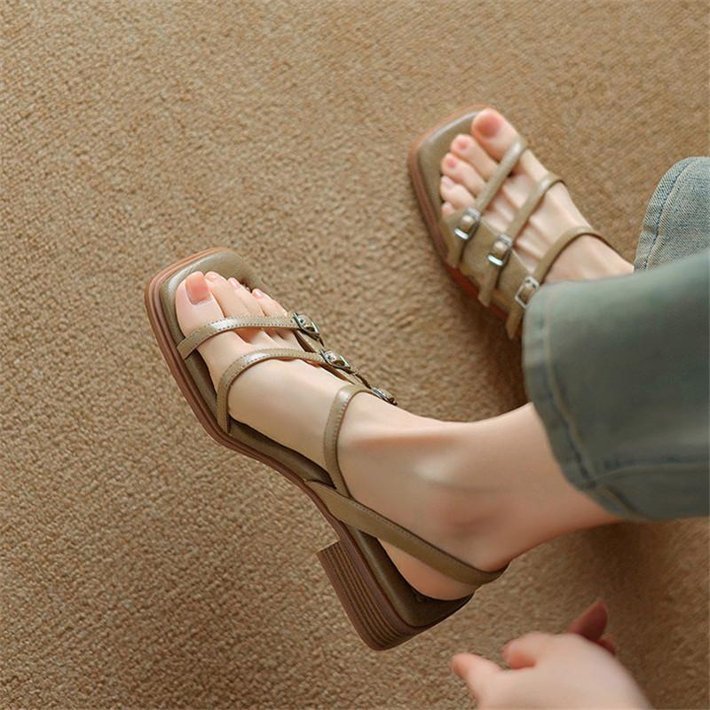 Mode Nouvelles Sandales d'Été Cuir Fendu Chaussures pour Femmes Sandales à Bout Carré pour Femmes Mode Boucle de Ceinture Sandale à Talon Carré Chaussures de Gladiateur