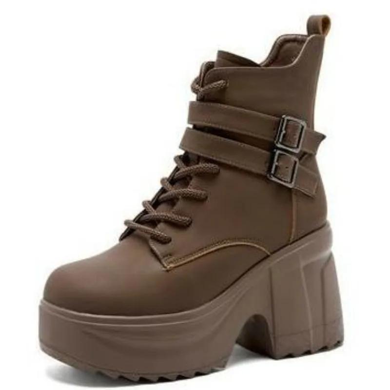 Fashion 10cm Microfiber Synthetic Women ZIP Chunky Heels Platform Booties Autumn Ankle Spring Ankle Motorcycle Thick Soled Shoes