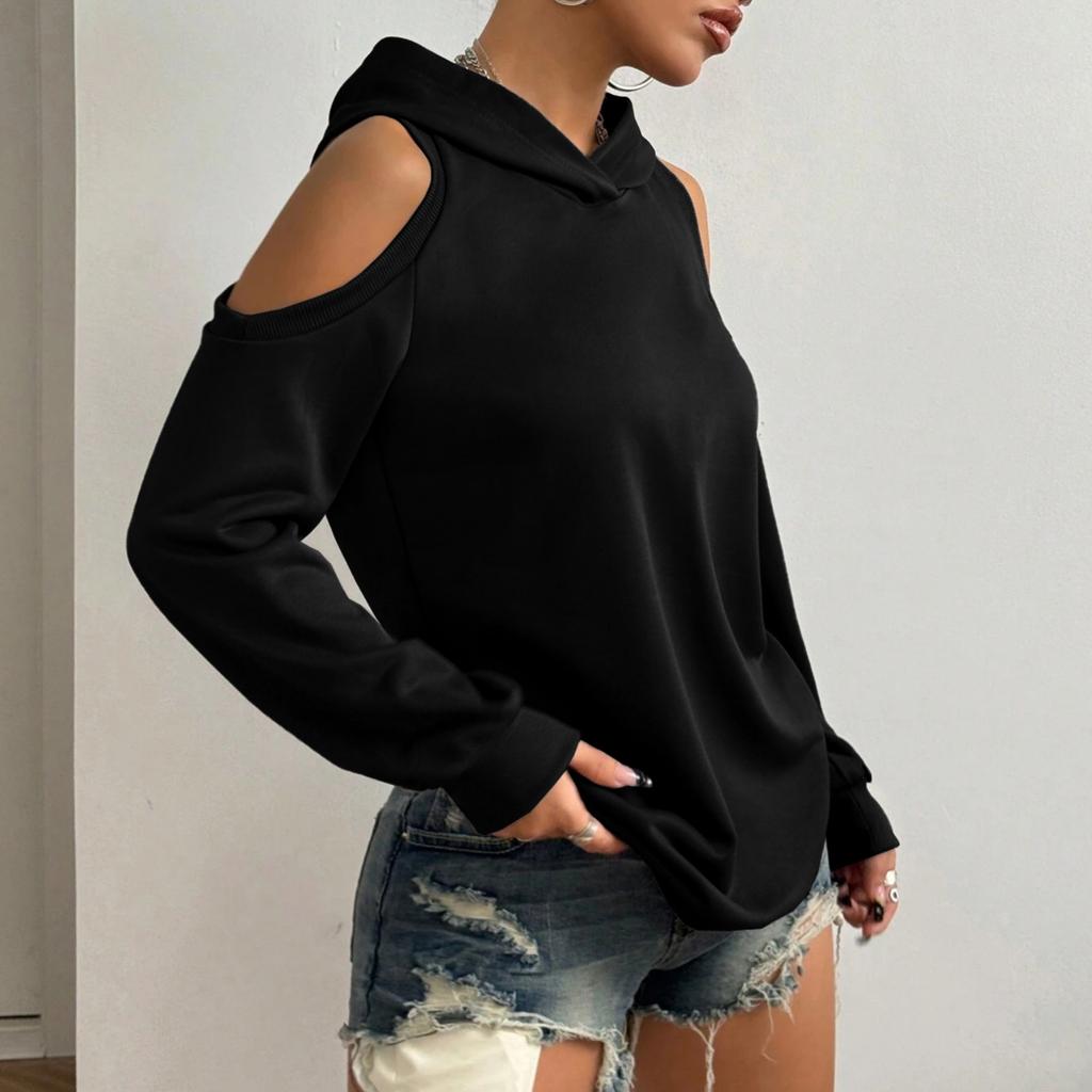 Women's Fashion Casual Solid-color Long-sleeved Off-the-shoulder Hooded Sweatshirt