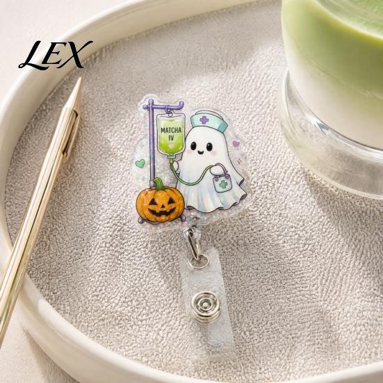 Retractable Badge Holder Halloween Reel, Ghost Black Cat And Pumpkin Design, Acrylic Id Reel 360 Degree Rotating ID for Nurses Office Staff Decor