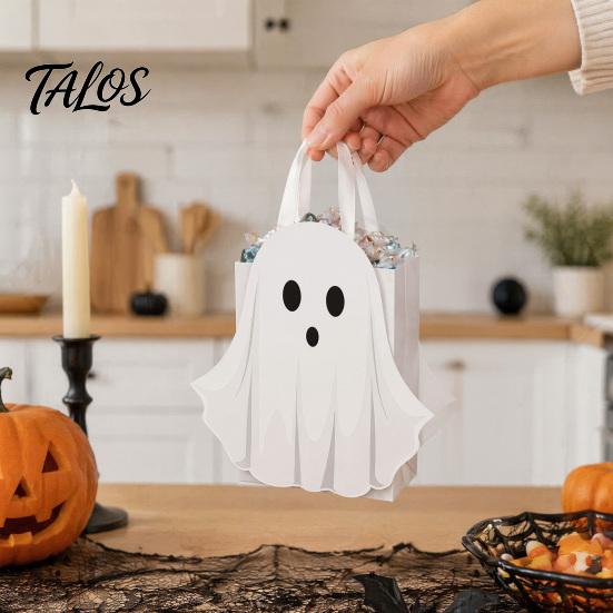 Small Gift Sacks for Classroom Prizes Halloween Ghost Cardboard Bag, Cute Candy Goodie Bags Foldable Trick or Treat Totes with Handle Birthday, Party
