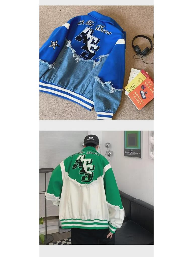 Men's Autumn Denim Patchwork Wool Coat - American High Street Fashion, Hip-Hop Trend, Loose Fit, Unisex.