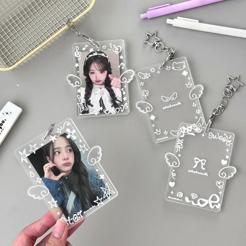 Acrylic 3-inch Photocard Holder with Angel Wings Graffiti Style Kpop Photo Card Protector with Keychain Card Cover