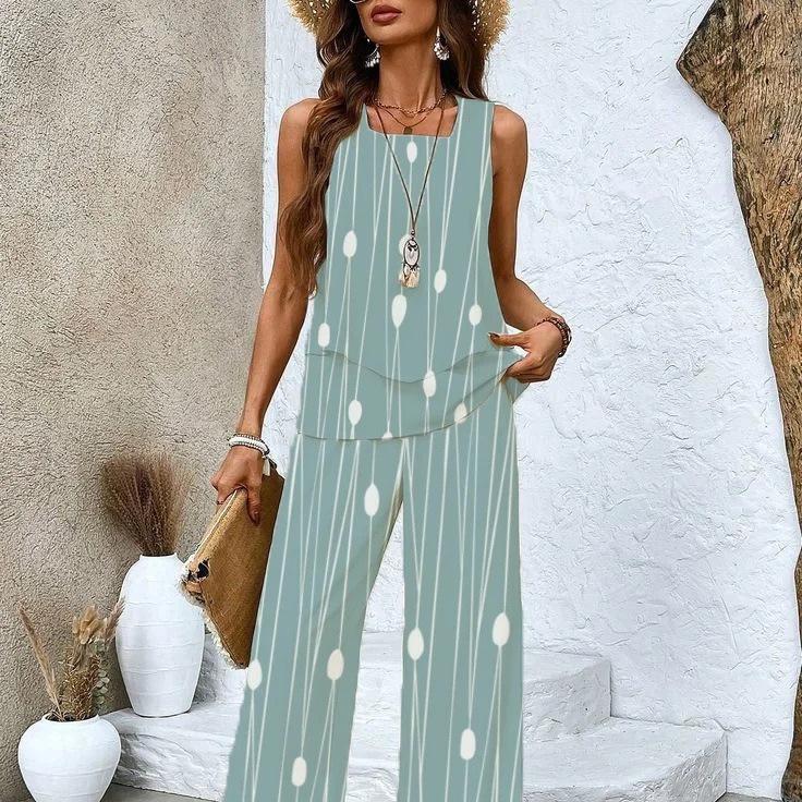 European and American new 1D printing women's fashion sleeveless trousers suit spring and summer women's suit