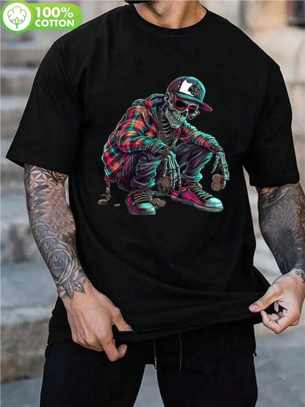 Black Cotton Graphic T-shirt - Skeleton & Plaid Design XXL