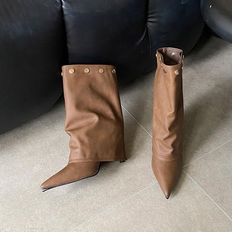 Fashion Fashion Rivet Women Knee High Modern Boots Female Slip On Shoes Pointed Toe Ladies Long Boots With Heels Shoes Pumps lady