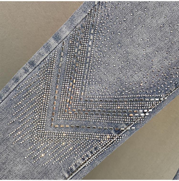 Europäische Skinny Jeans mit Strasssteinen und Hoher Taille für Damen - Sommerkollektion 2025, Slim Fit Cropped Gerade geschnitten