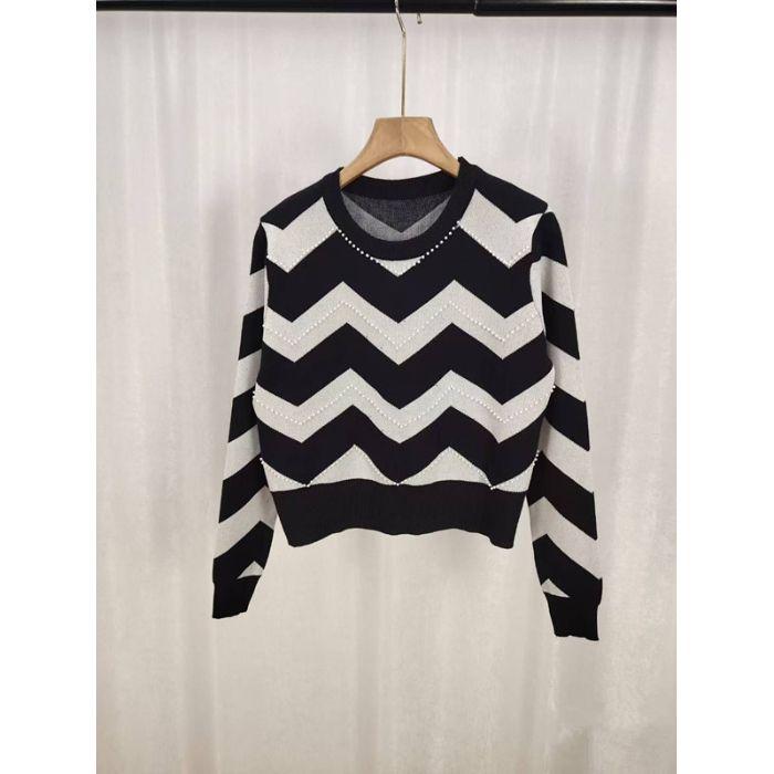 

Модный вязаный топ с круглым вырезом, цветными блоками и волнистым узором, с длинными рукавами, в корейском стиле для женщин one size чёрный