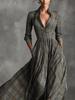 2025 European & American Women's Retro Plaid V-Neck Long Dress - Autumn/Winter Elegant French Style