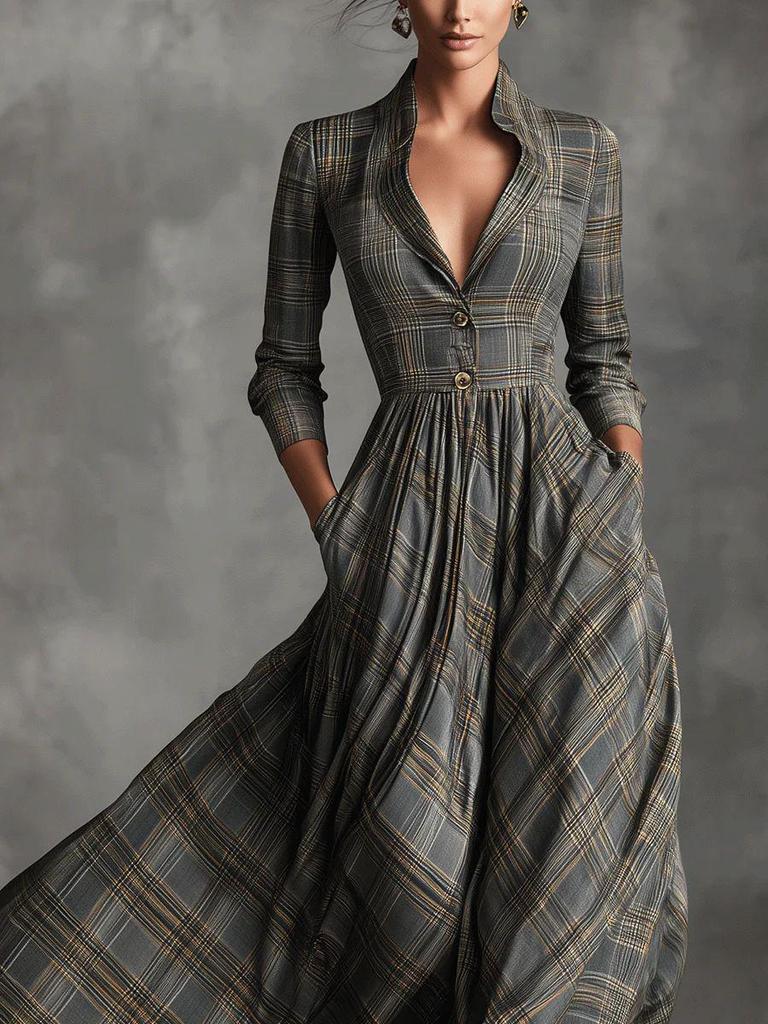 2025 European & American Women's Retro Plaid V-Neck Long Dress - Autumn/Winter Elegant French Style