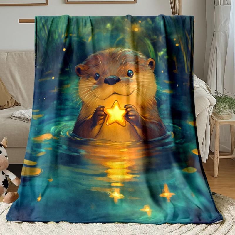 Cute Otter Holding Star Blanket Fantasy Animal Design Soft Fleece Throw Home Decor Gift Idea Magical Nature Theme Cozy Warmth