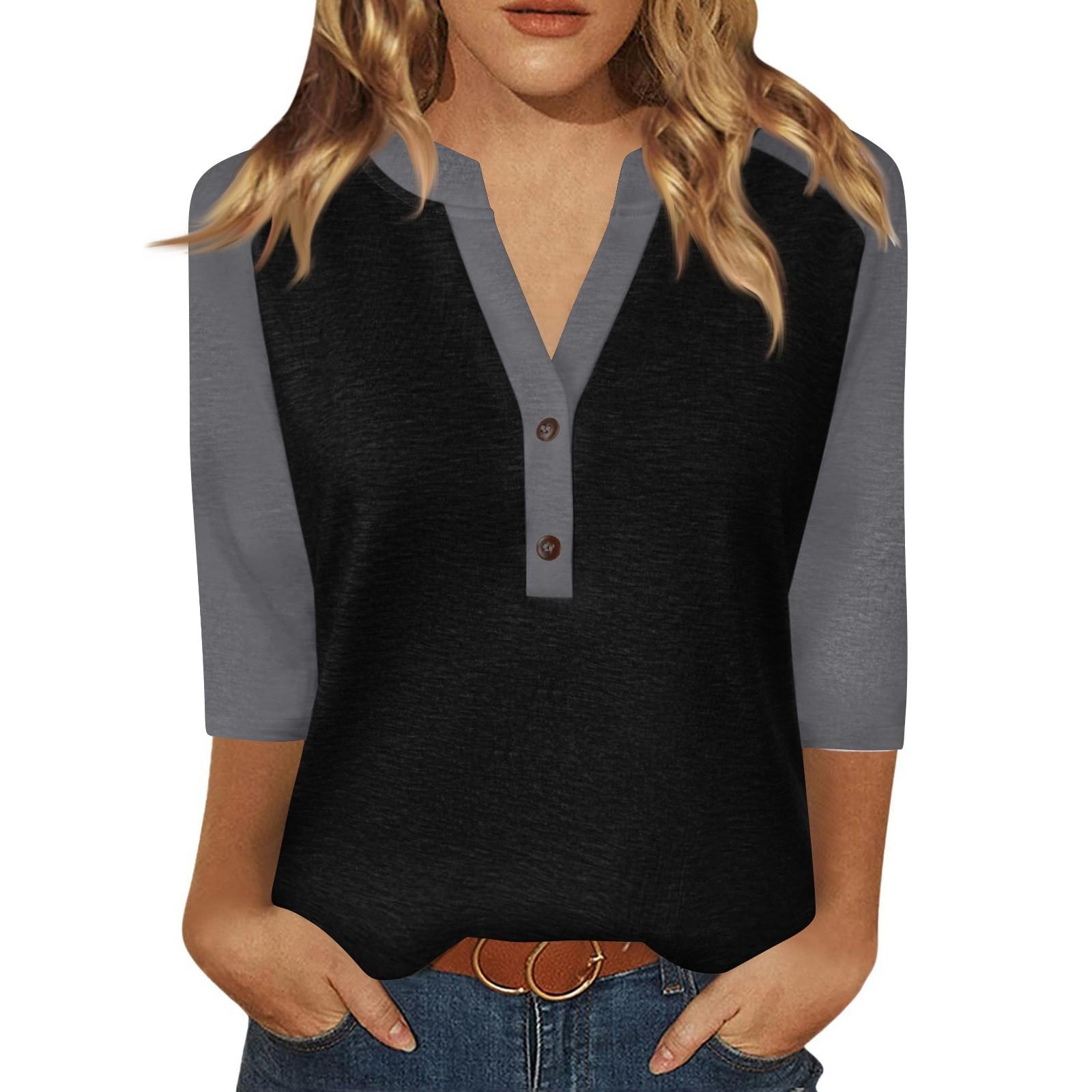

Жен. Футболка С принтом Пуговицы Рукав 3/4 Повседневные Выходные Мода Классический Классический V-образный вырез Обычный Верх XXXL чёрный