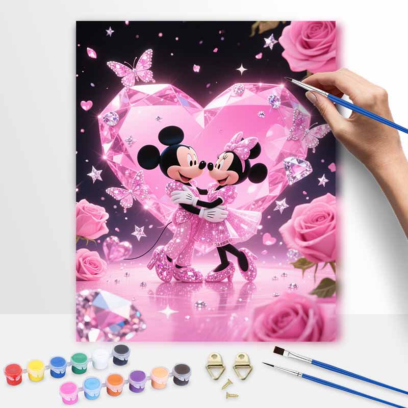Disney Mickey and Minnie Pink Crystal Heart Roses Painting by Numbers Hand Filled Drawing Art Kit Home Decor 20x30cm