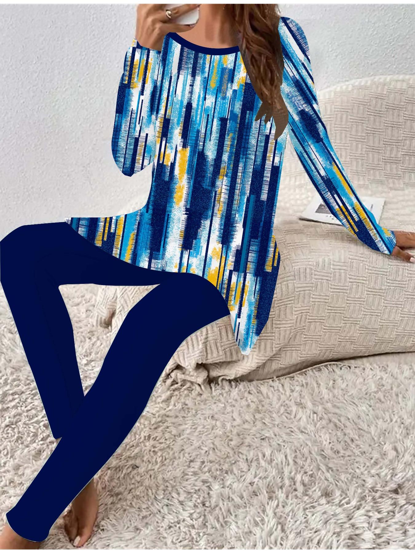 

Euro-American Fashion 3D Retro Printed Women s Four-season Long-sleeved T-shirt + Long Pants Two-piece Set. Perfect Gift for New Year & Christmas 8XL темно-синього кольору